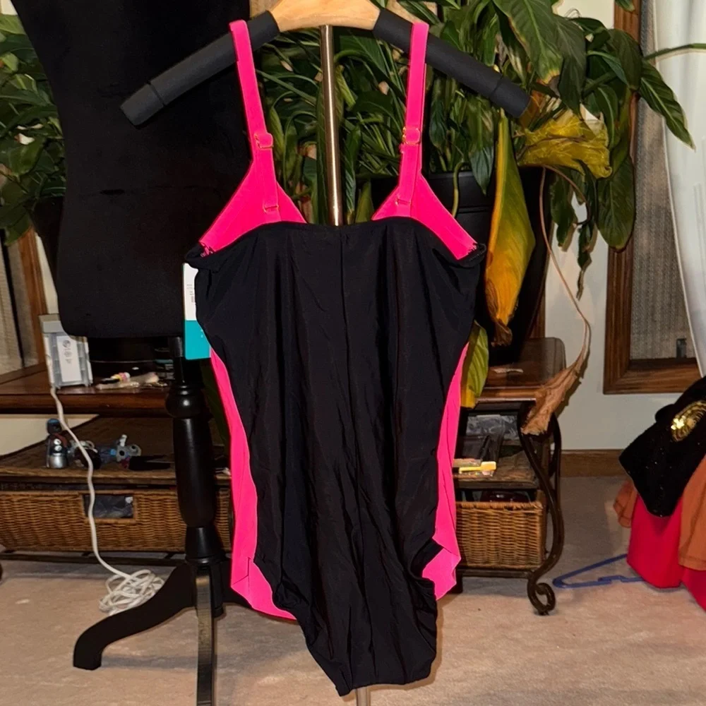 Aqua Green Pink One Piece Swimsuit V-Neck